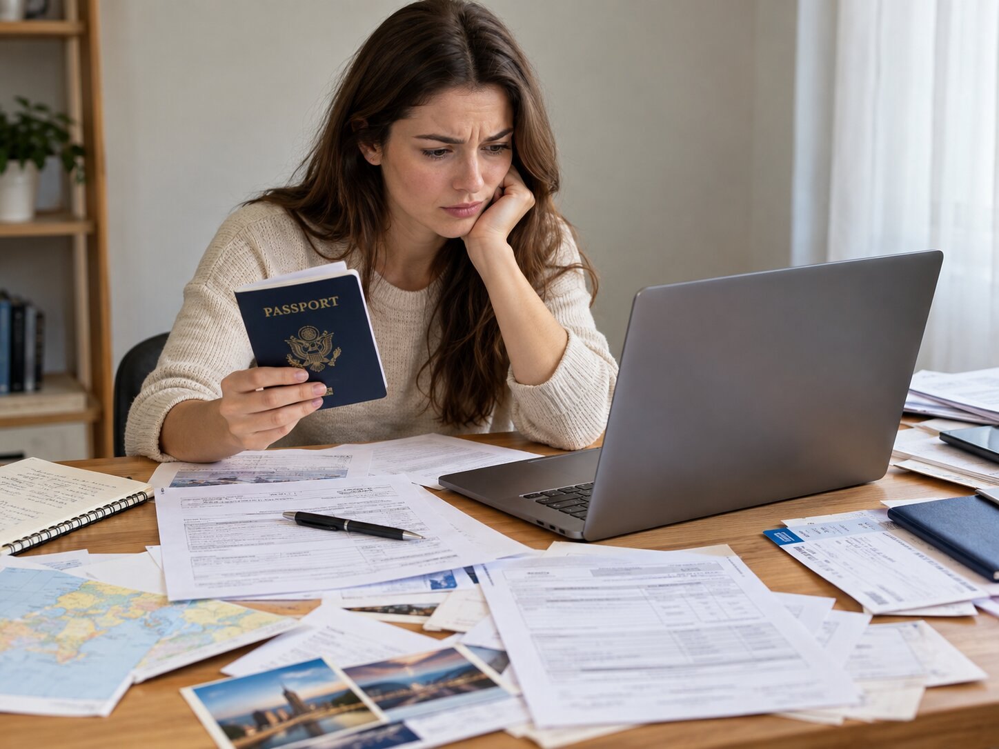 Applicant with passport looking at laptop