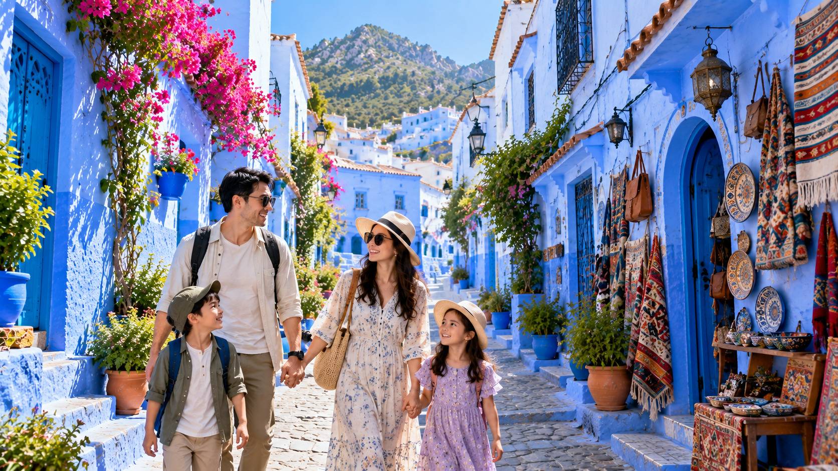 Family Exploring Chefchaouen Streets In Morocco