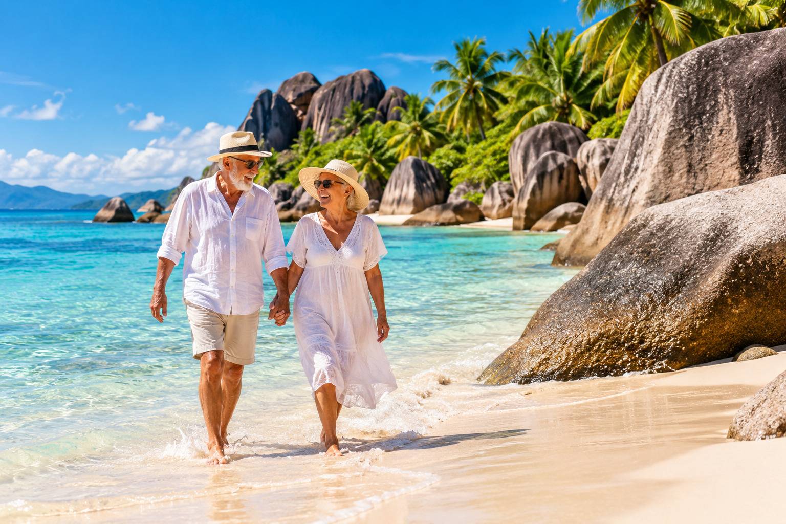 Happy Elderly Couple At Anse Source Dargent Seychelles