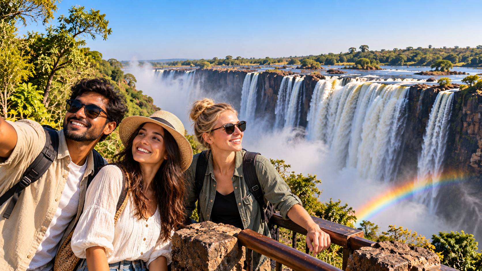 Tourists Enjoying Victoria Falls In Zimbabwe