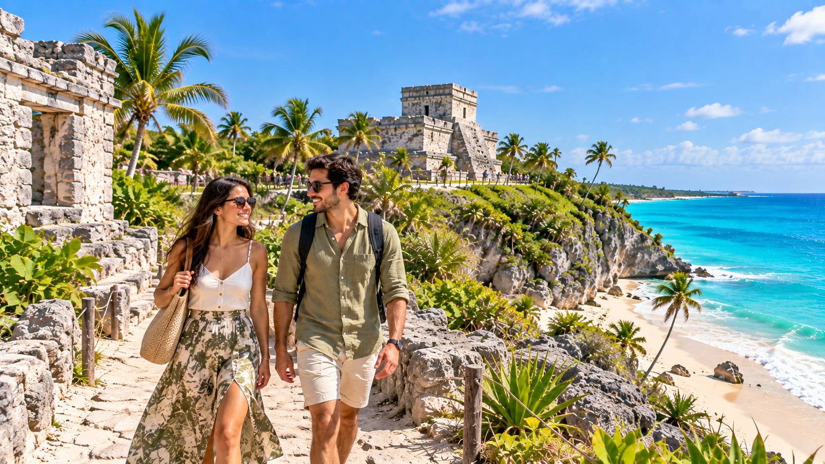 Tourists Exploring Tulum Ruins In Mexico