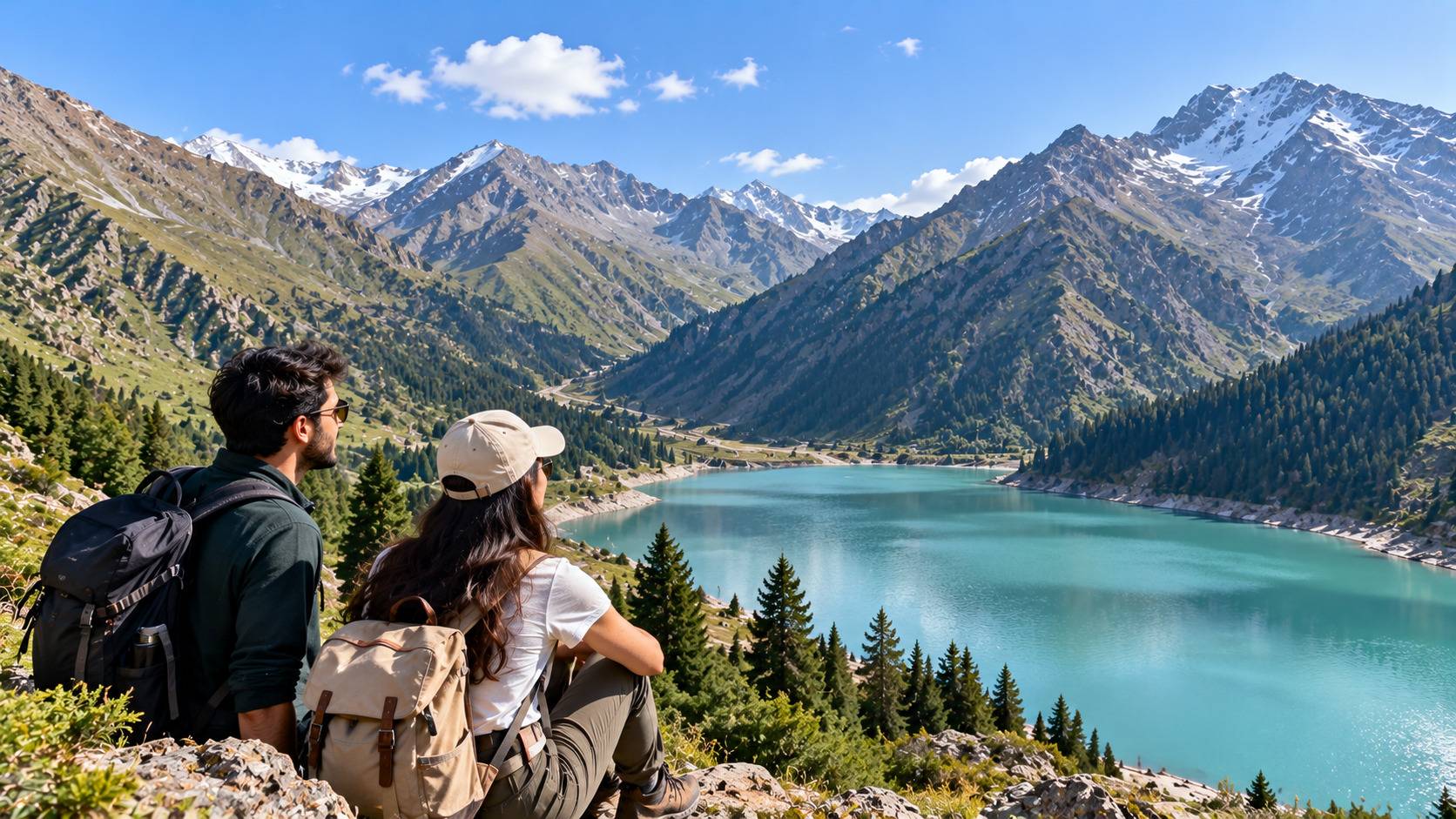 Tourists Overlooking Big Almaty Lake Kazakhstan